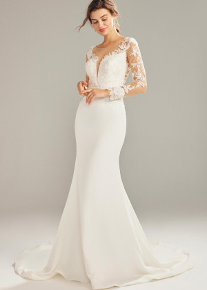 Long Sleeves Ivory Lace Tulle Sheer Back Non-traditional Wedding Dress
